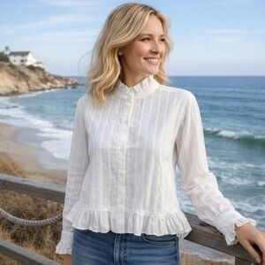 Gilber Gilmore‎ Button Down Blouse Ruffle Detail Peasant Pirate Coastal Ivory L